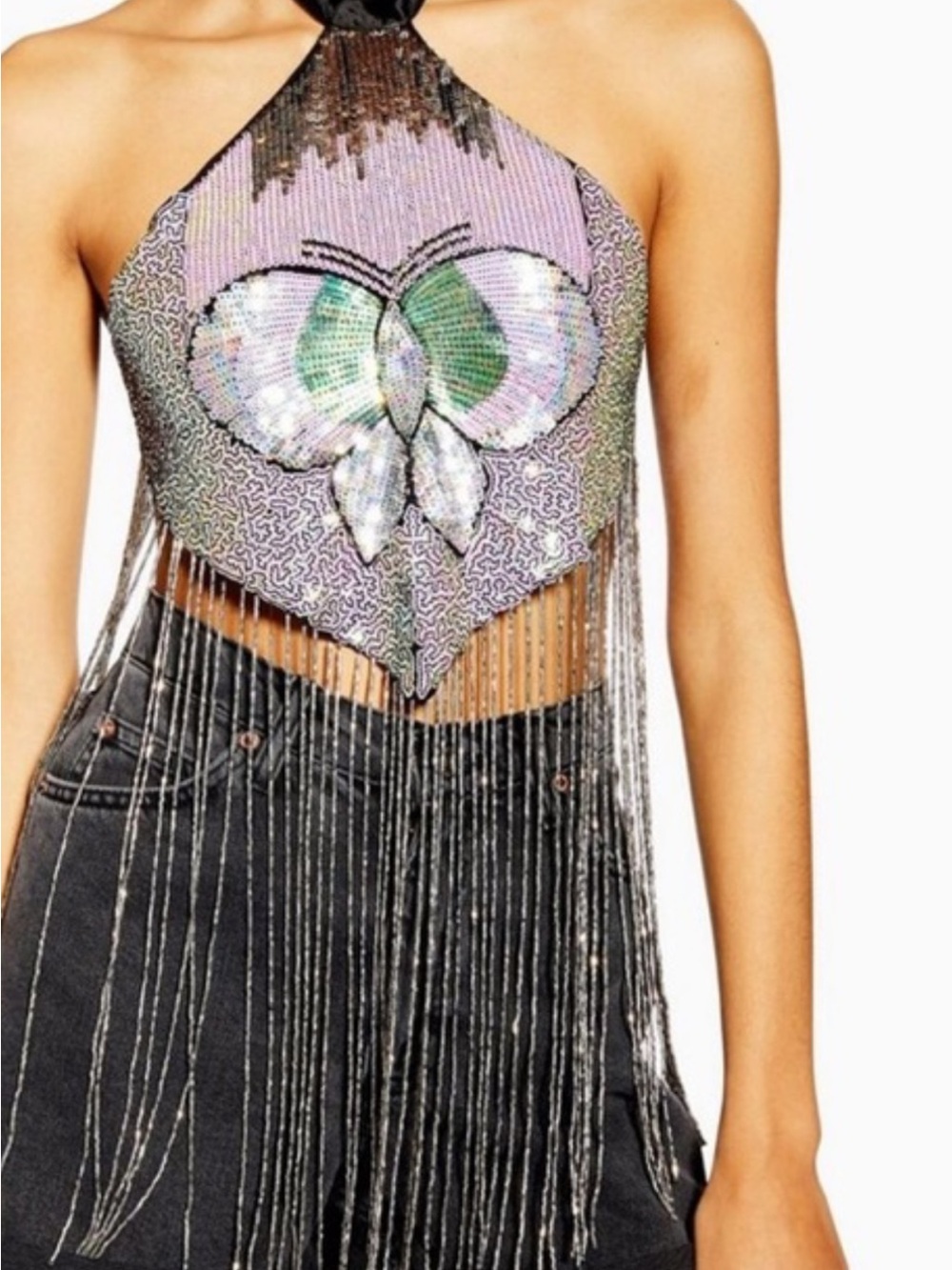 TOPSHOP Iridescent Butterfly Halter Fringe Crop Top - Lavender SIZE 4-6